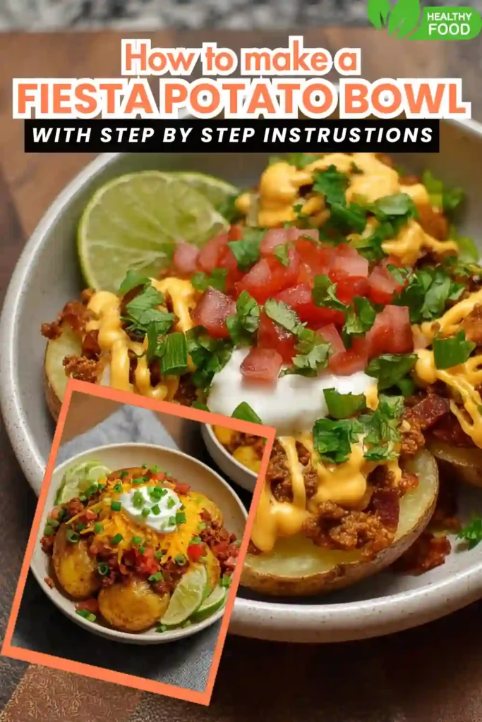 Loaded potato halves topped with ground beef, cheese sauce, tomatoes, sour cream, and fresh herbs.