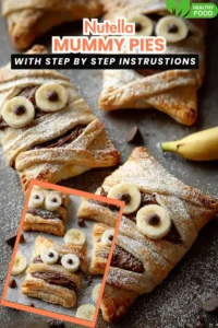 Halloween puff pastry mummy pies filled with Nutella and banana slices, dusted with powdered sugar