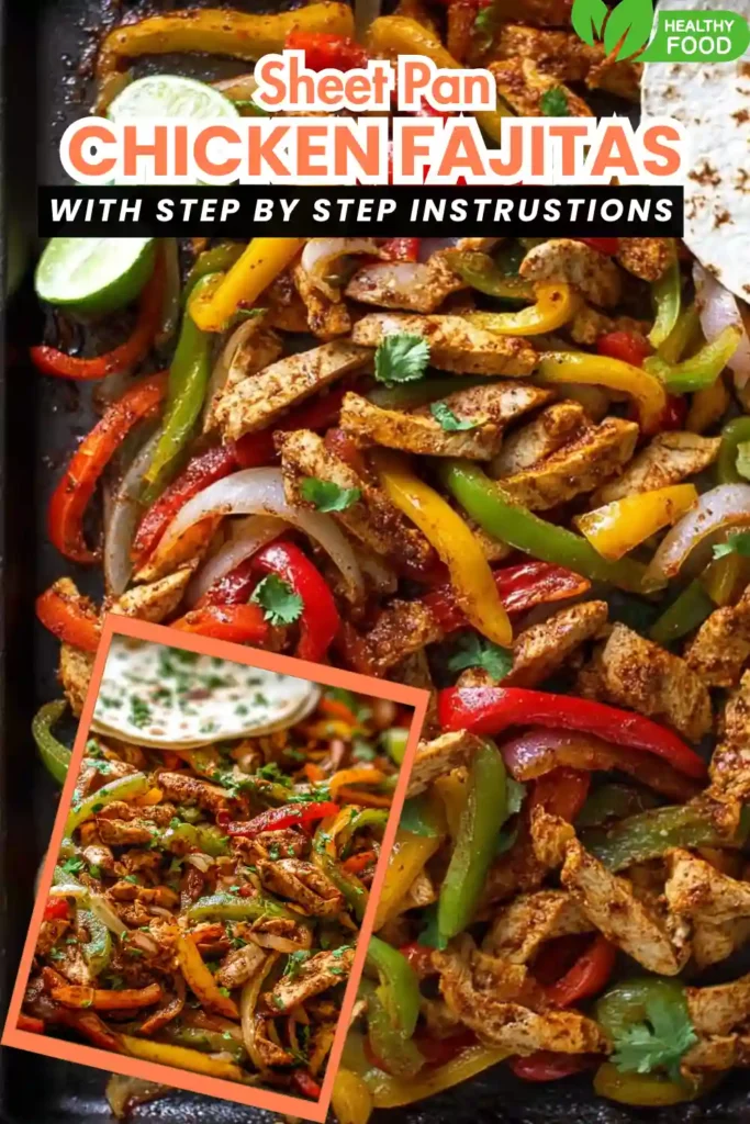 Sheet pan chicken fajitas with bell peppers, onion, lime slices, and text overlay for instructions