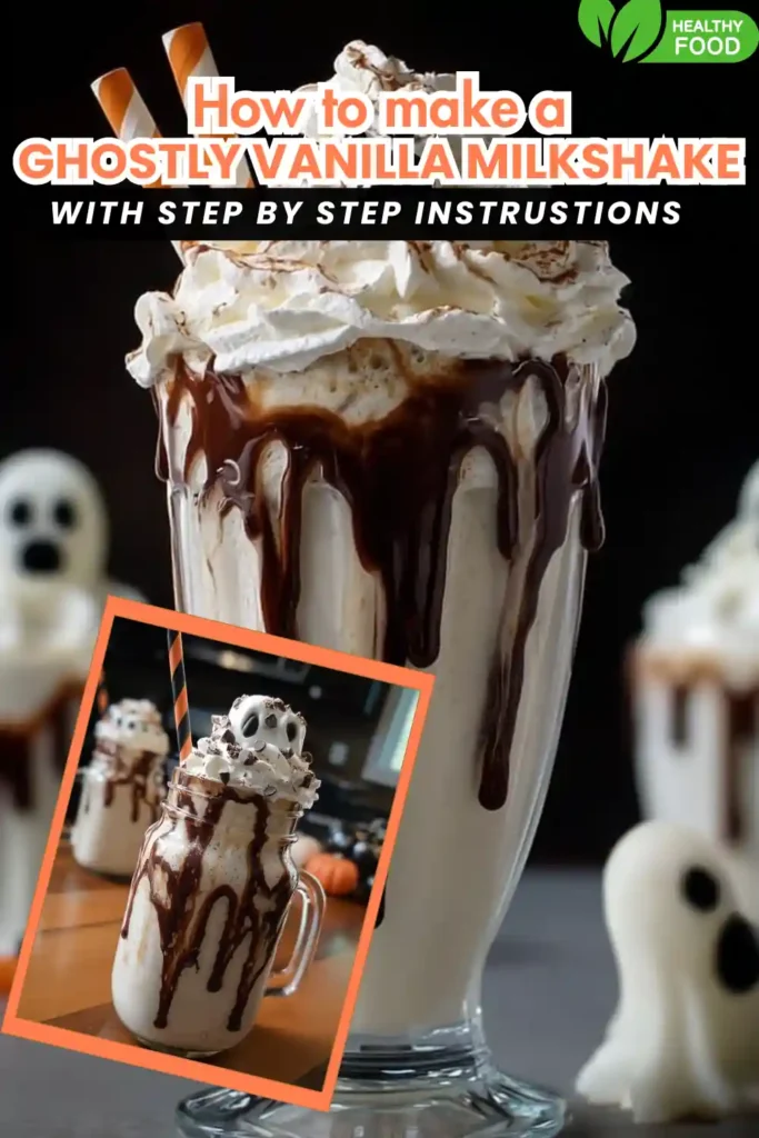 Halloween-themed vanilla milkshake with whipped cream, chocolate drizzle, and ghost-shaped topping.