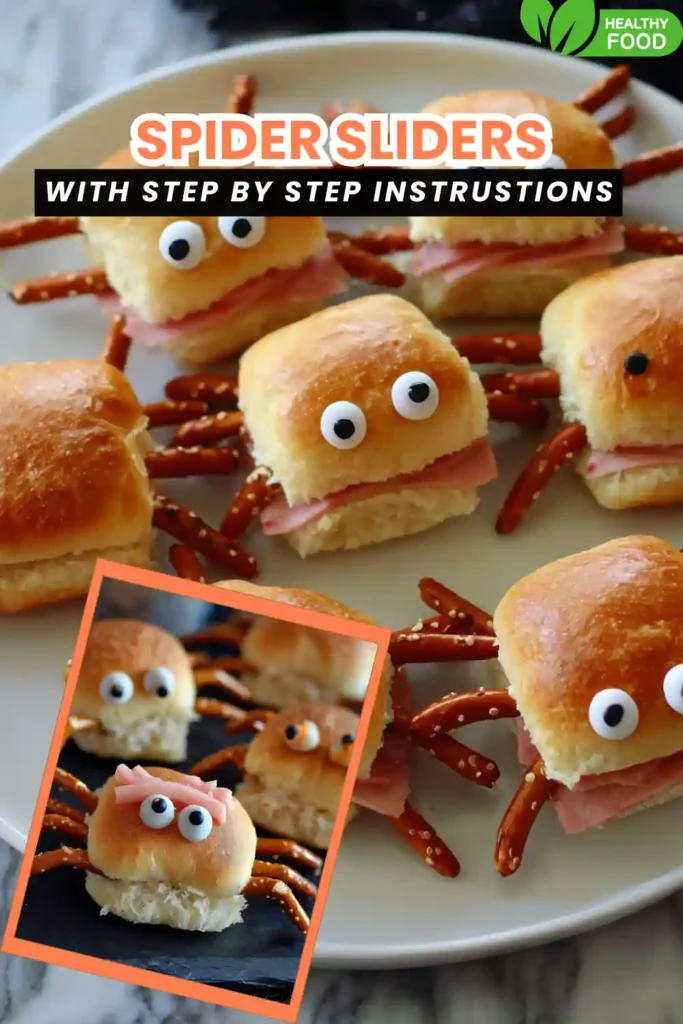Halloween spider sliders made with slider buns, ham, candy eyes, and pretzel legs on a white plate