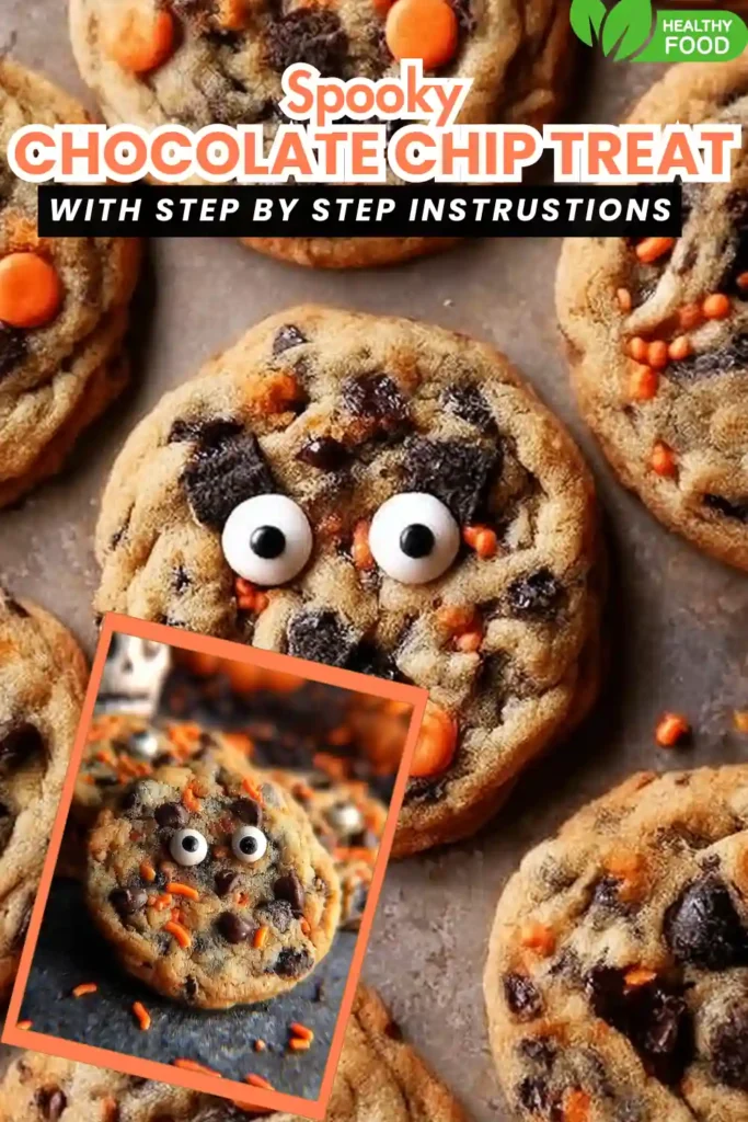 Halloween chocolate chip cookies decorated with candy eyeballs and orange sprinkles