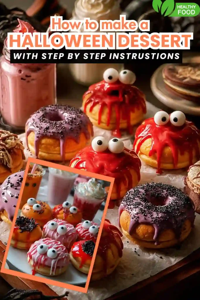 Assorted Halloween donuts with candy eyes and colorful drizzled icing in red, orange, purple, and pink.