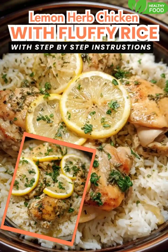 Juicy lemon herb chicken thighs served over seasoned fluffy white rice with fresh parsley.
