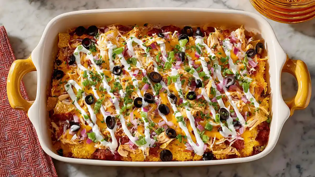 Tex-Mex casserole topped with cheese, sour cream drizzle, olives, red onions, and crushed corn chips