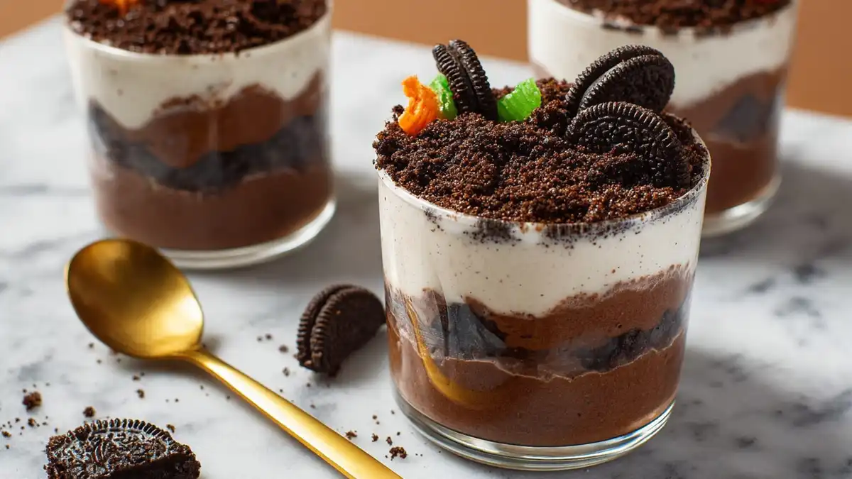 Individual chocolate and cream dirt cups layered with crushed Oreos and gummy worms