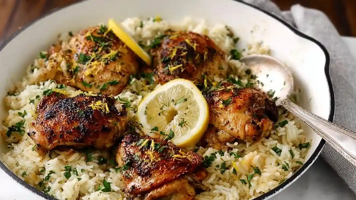 Skillet of garlic butter chicken thighs served over fluffy rice with lemon slices and herbs