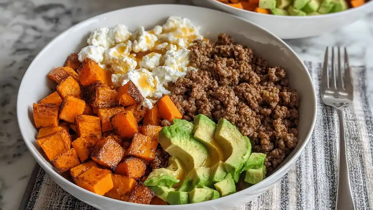 Grain bowl with roasted sweet potatoes, ground beef, avocado slices, and cottage cheese