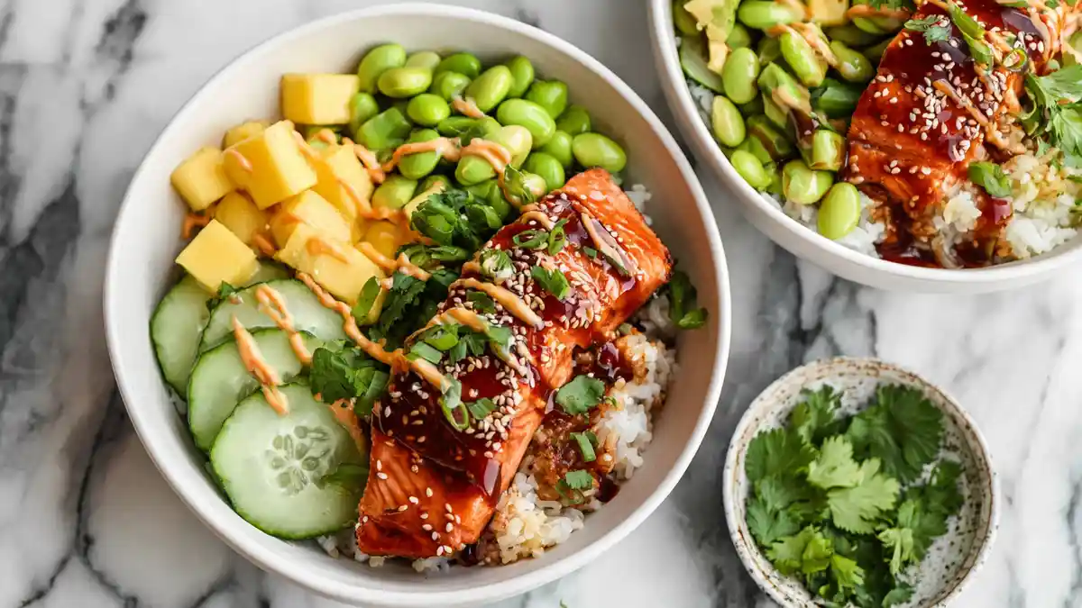 Salmon poke bowl with teriyaki glaze, mango, edamame, cucumber, and rice
