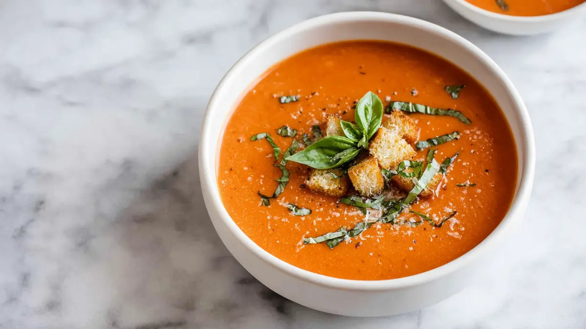 Bowl of tomato basil soup topped with fresh basil and golden croutons on marble background