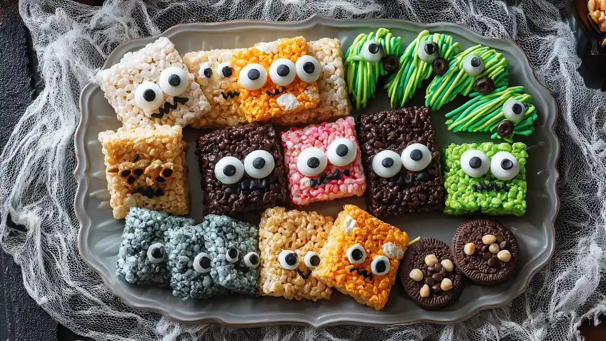 colorful rice krispies and cookies decorated as Halloween monsters with candy eyes on platter