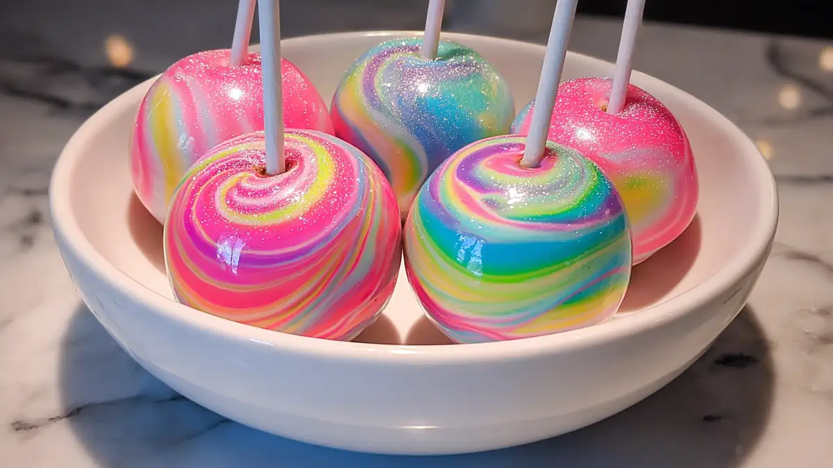 rainbow swirl candy apples with glossy glaze and edible glitter in white bowl