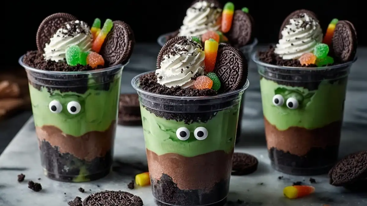green and chocolate layered pudding cups decorated with candy eyes, cookies, and whipped cream