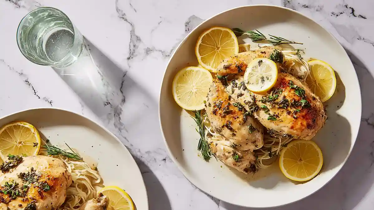 lemon herb roasted chicken breasts over spaghetti with fresh rosemary and lemon slices