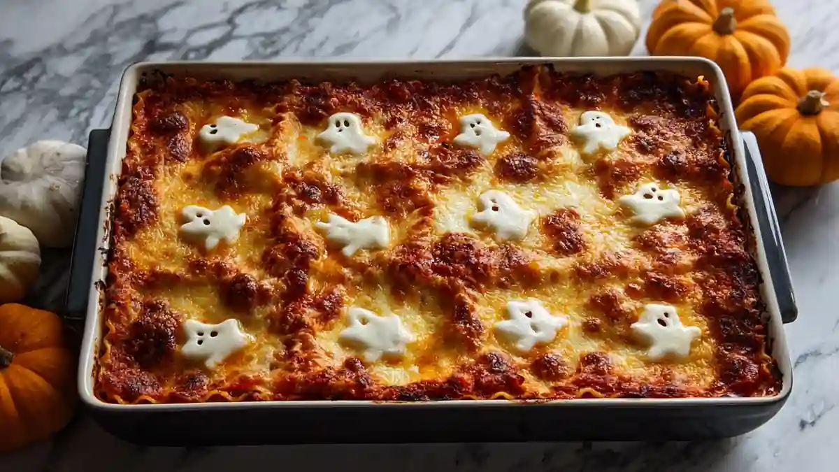 baked lasagna topped with ghost-shaped mozzarella cutouts and golden cheese crust