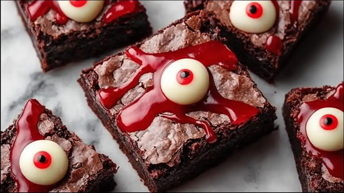 spooky Halloween brownies with candy eyeballs and red gel blood