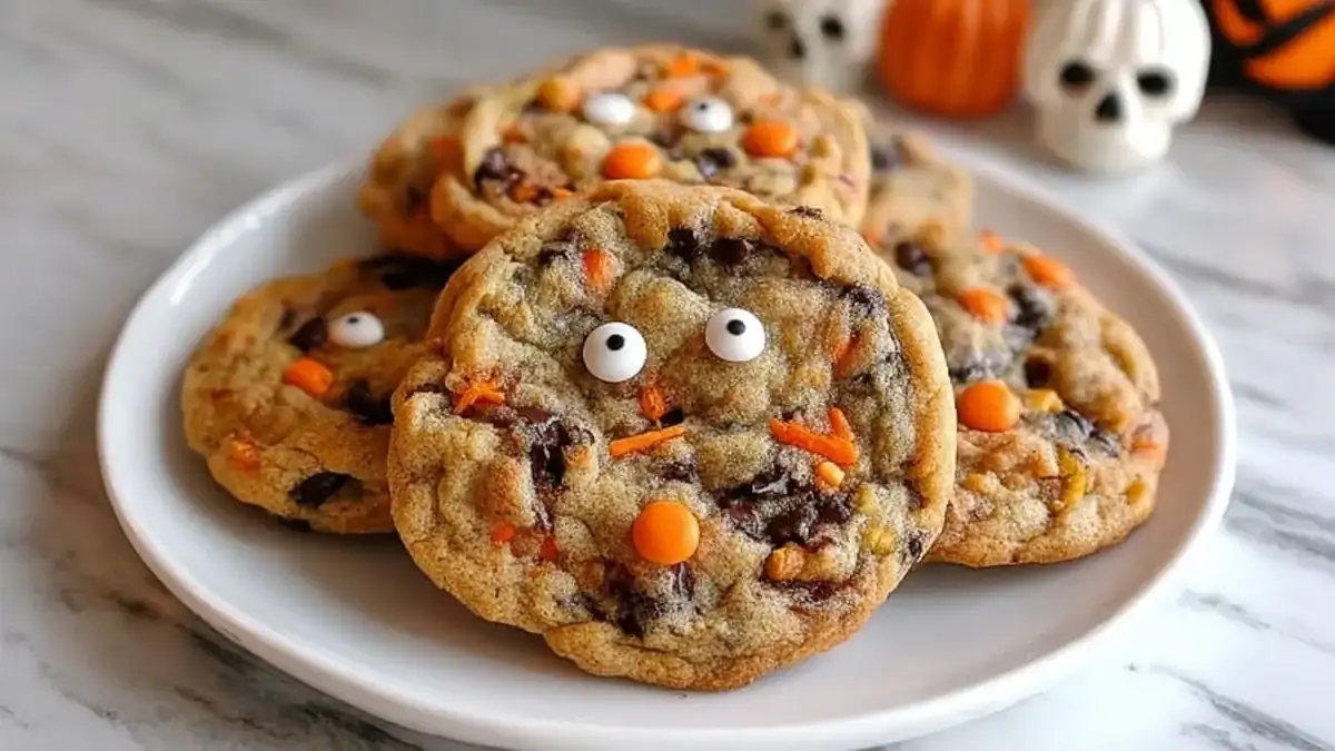 Halloween monster cookies with candy eyes and colorful candy pieces on chocolate chip dough