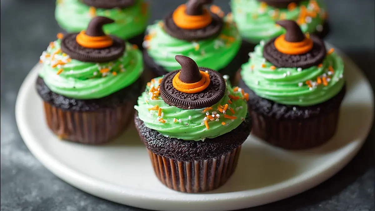chocolate cupcakes with green frosting topped with mini witch hats made from cookies and candy