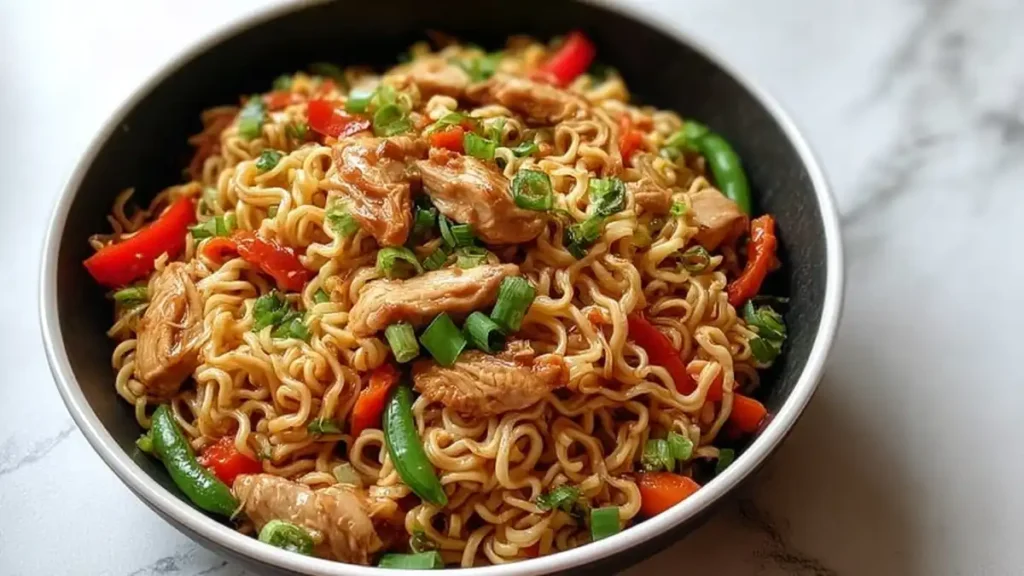 bowl of stir-fried noodles with chicken, red bell peppers, snap peas, and green onions