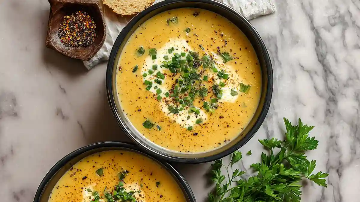 Creamy potato soup topped with sour cream, chives, and cracked pepper in black bowl