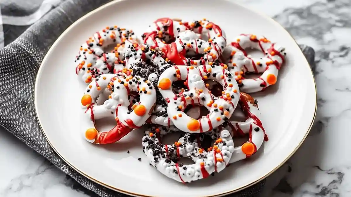 white chocolate-covered pretzels decorated with red drizzle and Halloween sprinkles