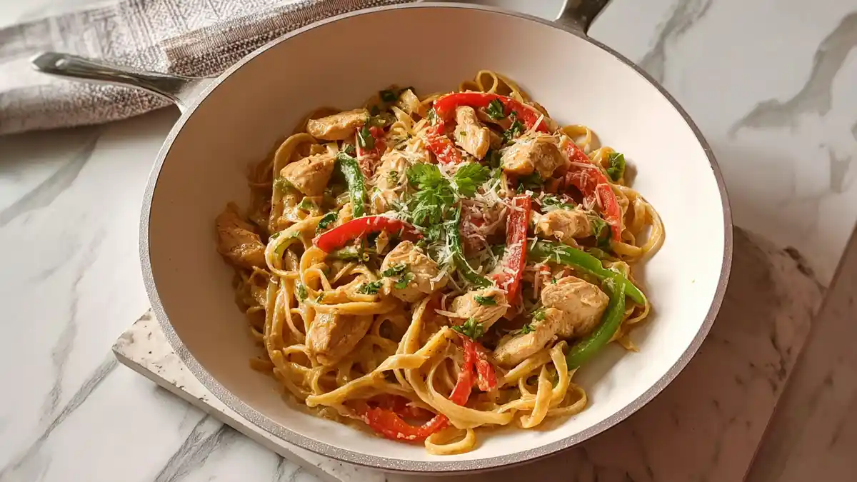 creamy fettuccine alfredo with grilled chicken, red and green bell peppers, and parmesan in a white skillet