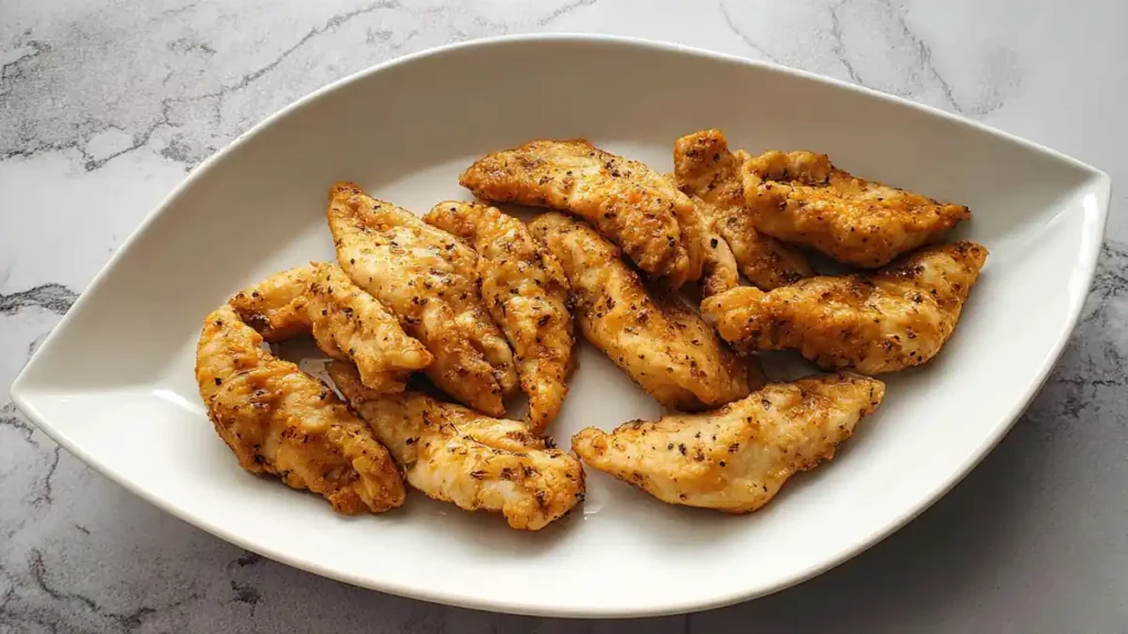 crispy golden chicken strips seasoned with herbs on a white plate