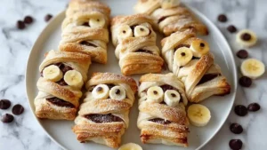 Puff pastry mummies filled with chocolate and banana slices topped with powdered sugar