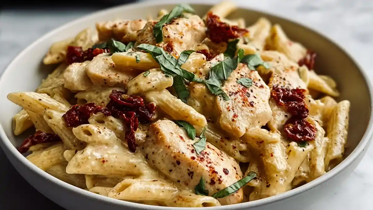 creamy Tuscan chicken pasta with sun-dried tomatoes and fresh basil in a bowl