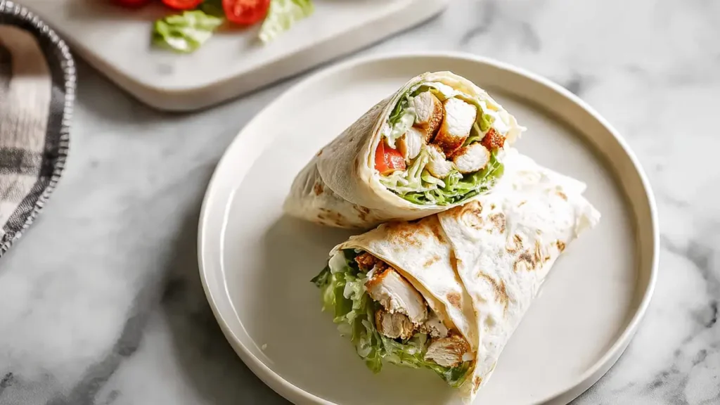 Plate with halved chicken Caesar wrap filled with lettuce, grilled chicken, and tomatoes