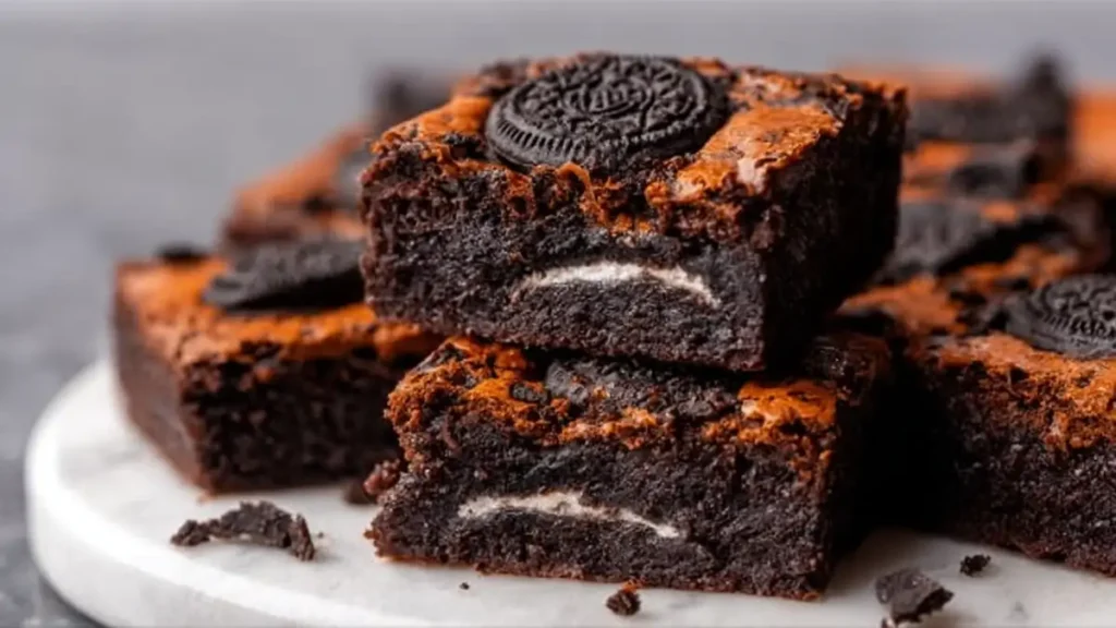 rich chocolate brownies stuffed and topped with Oreo cookies
