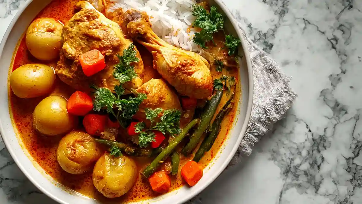 chicken drumsticks in stew with baby potatoes, carrots, green beans and rice
