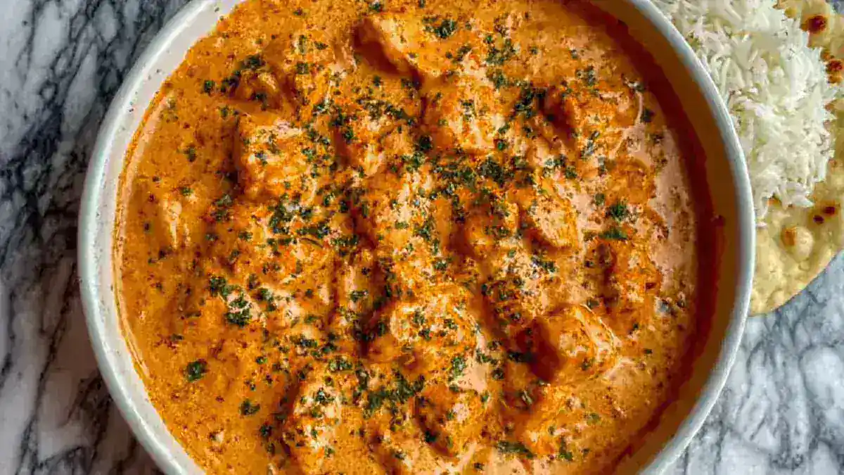 creamy butter chicken curry served with steamed basmati rice and naan bread