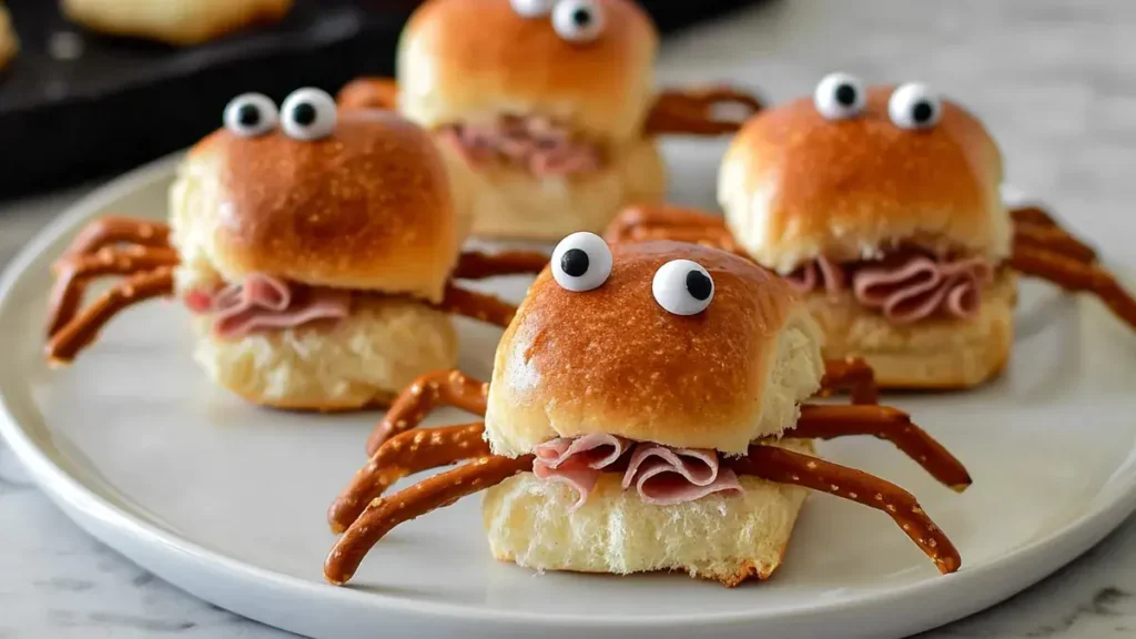 Halloween sliders with pretzel legs and candy eyes resembling spiders