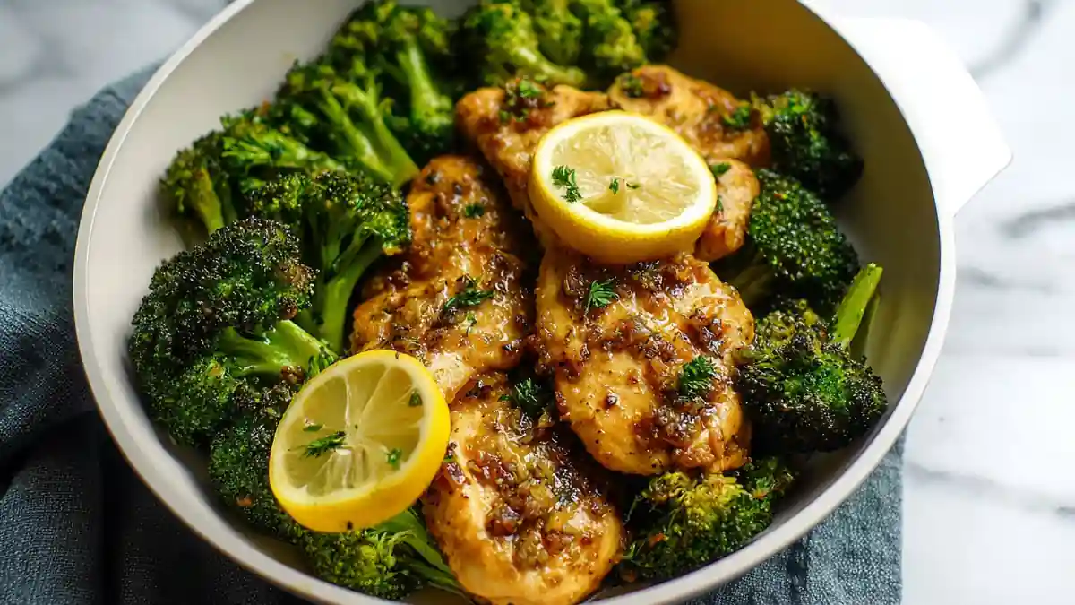 Lemon garlic chicken breasts with roasted broccoli in a white serving bowl