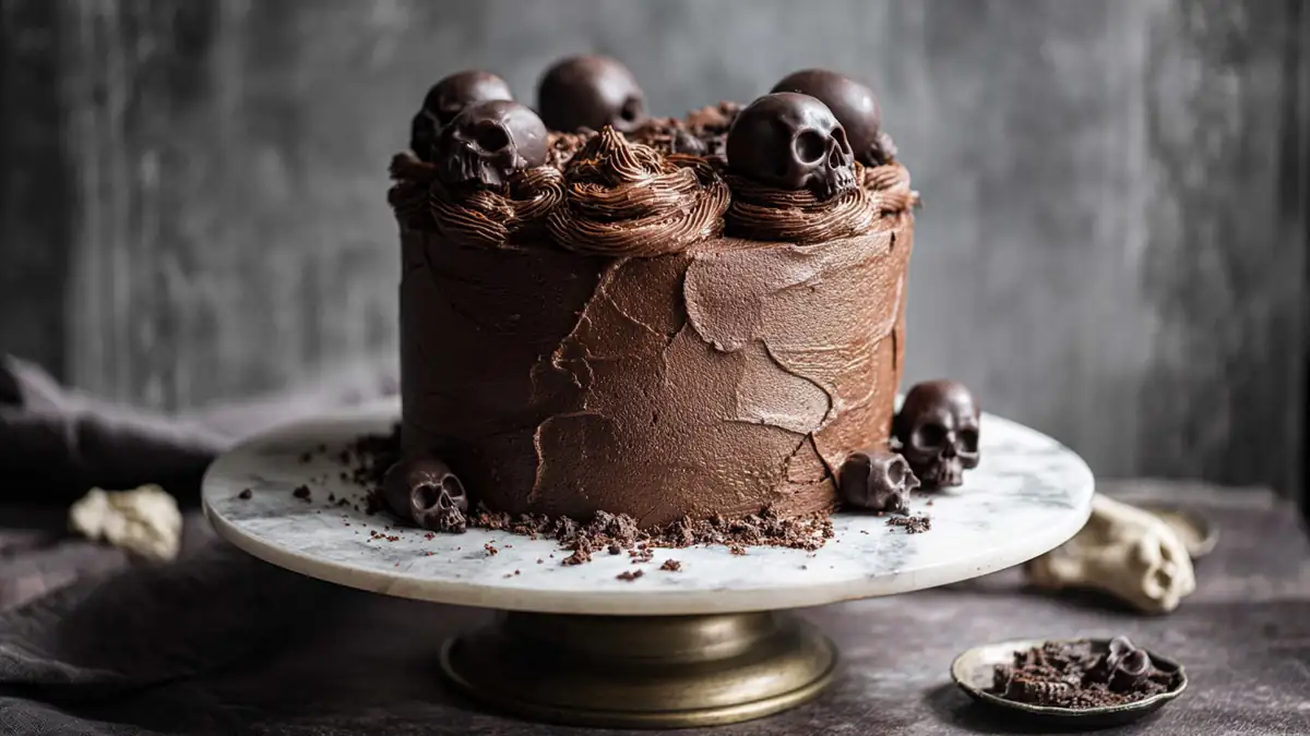 chocolate cake with rich frosting and dark chocolate skulls on a pedestal