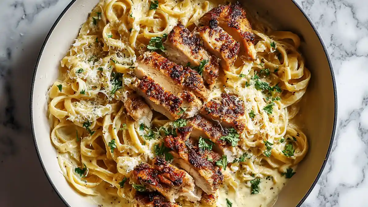 creamy fettuccine alfredo topped with sliced grilled chicken and parsley in a pan