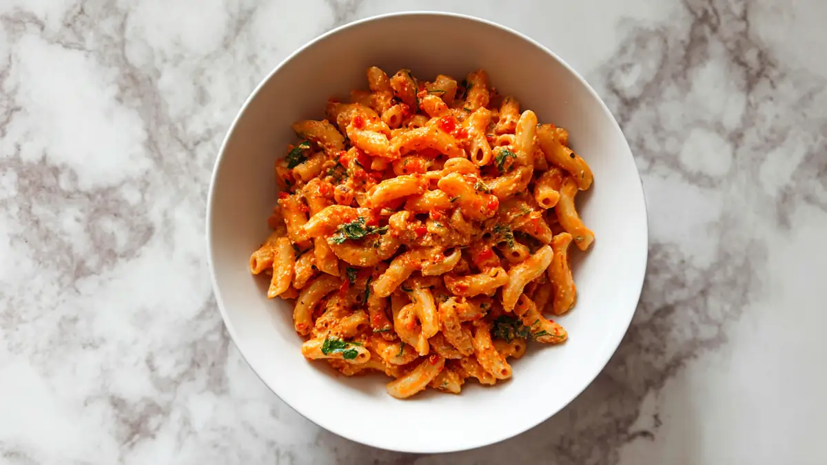 creamy macaroni pasta in red pepper sauce with herbs in white bowl
