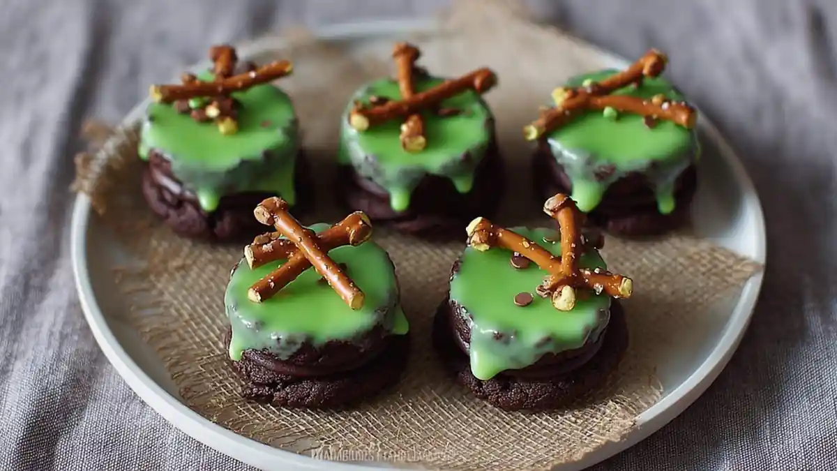 chocolate cookies with green icing and pretzel stick cauldrons on rustic plate