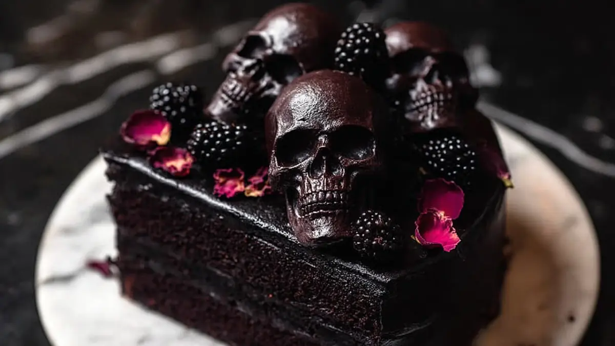 dark chocolate cake with edible skulls, blackberries, and rose petals