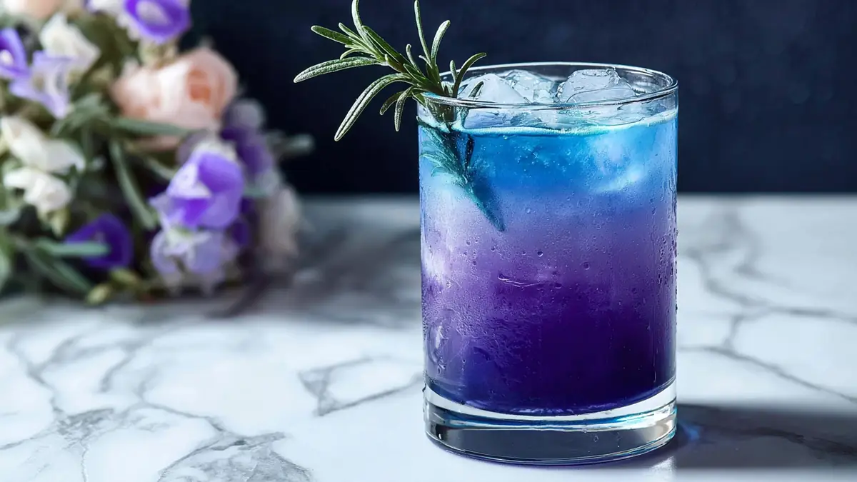 Layered purple and blue butterfly pea mocktail with rosemary garnish
