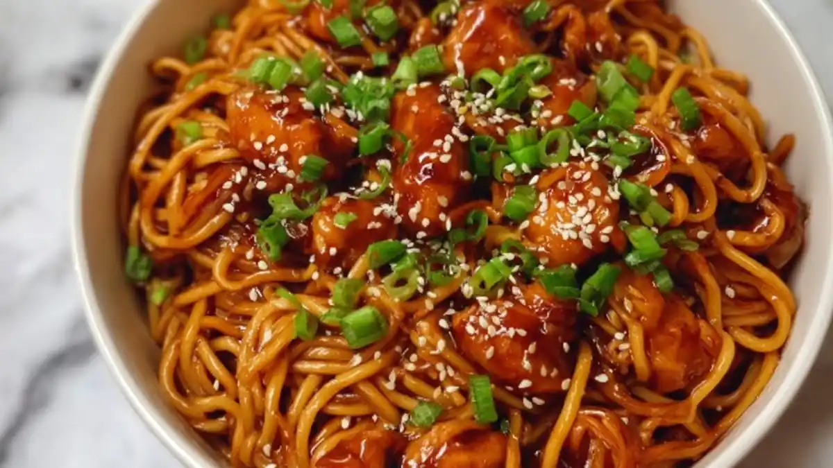 sticky sesame chicken served over noodles topped with scallions and sesame seeds