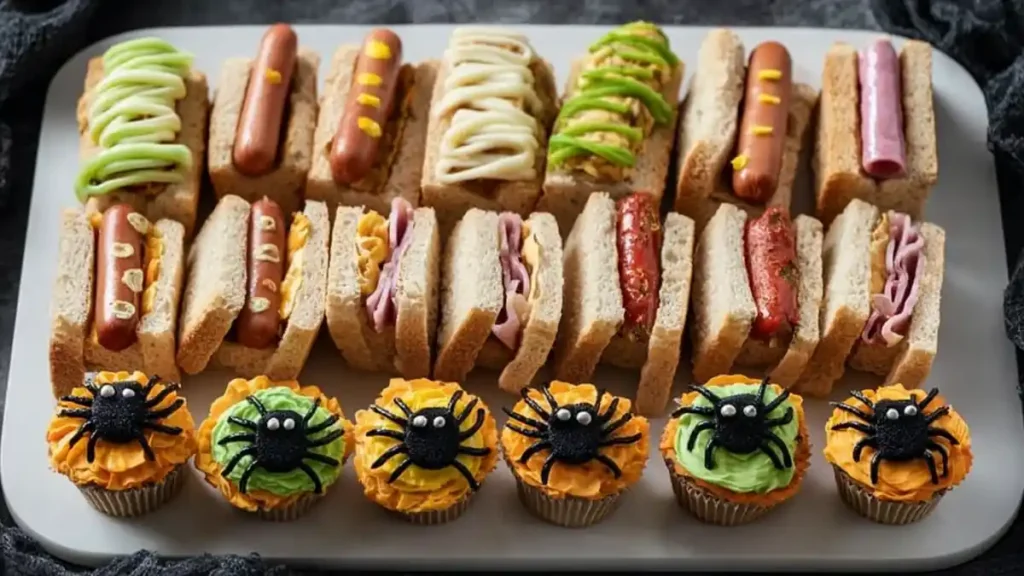 halloween sandwich platter with mini hot dogs and cupcakes topped with black licorice spiders