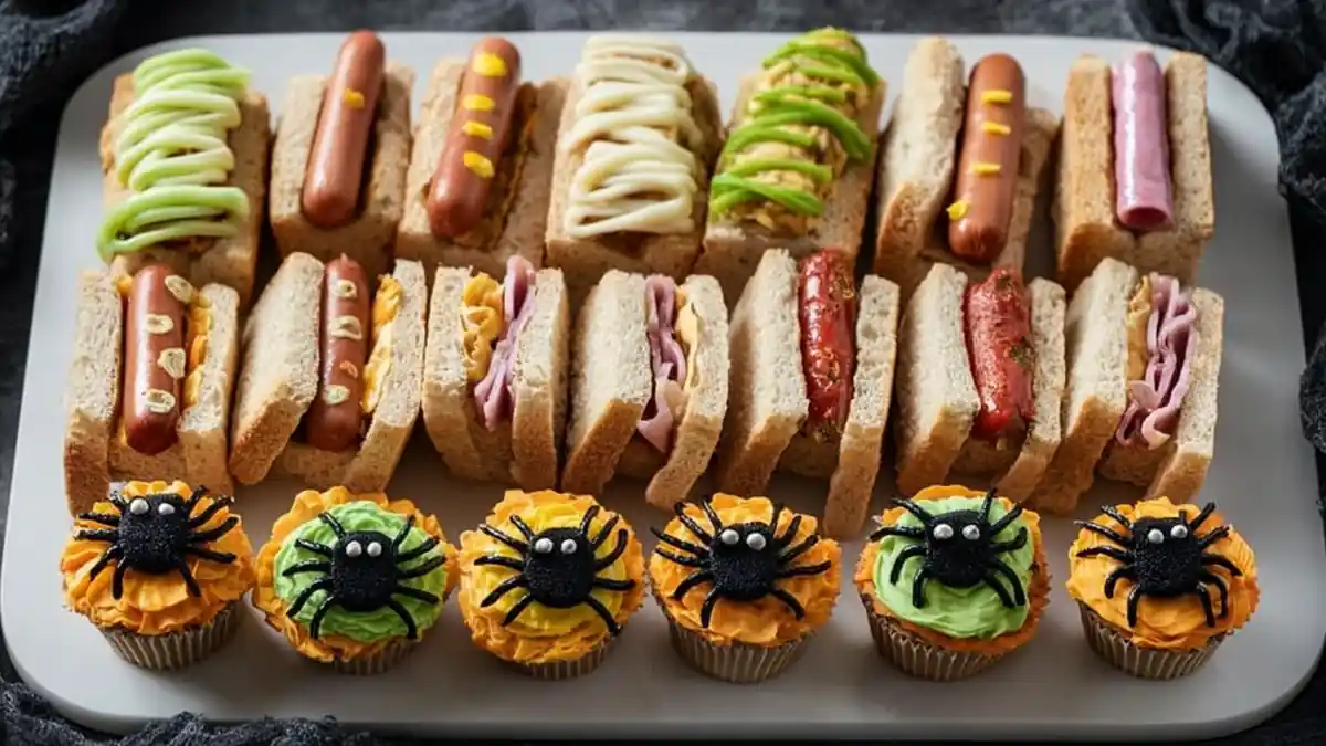 halloween sandwich platter with mini hot dogs and cupcakes topped with black licorice spiders