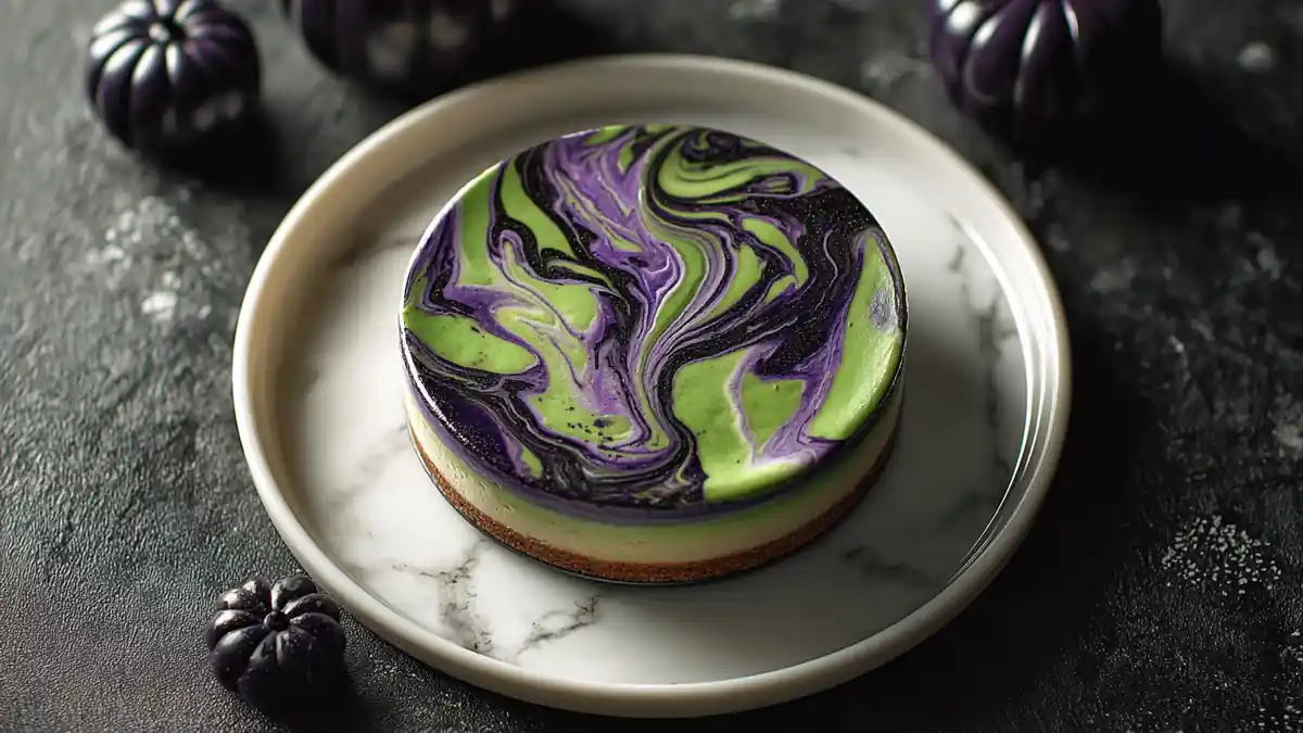 Marbled green and purple Halloween cheesecake with cookie crust