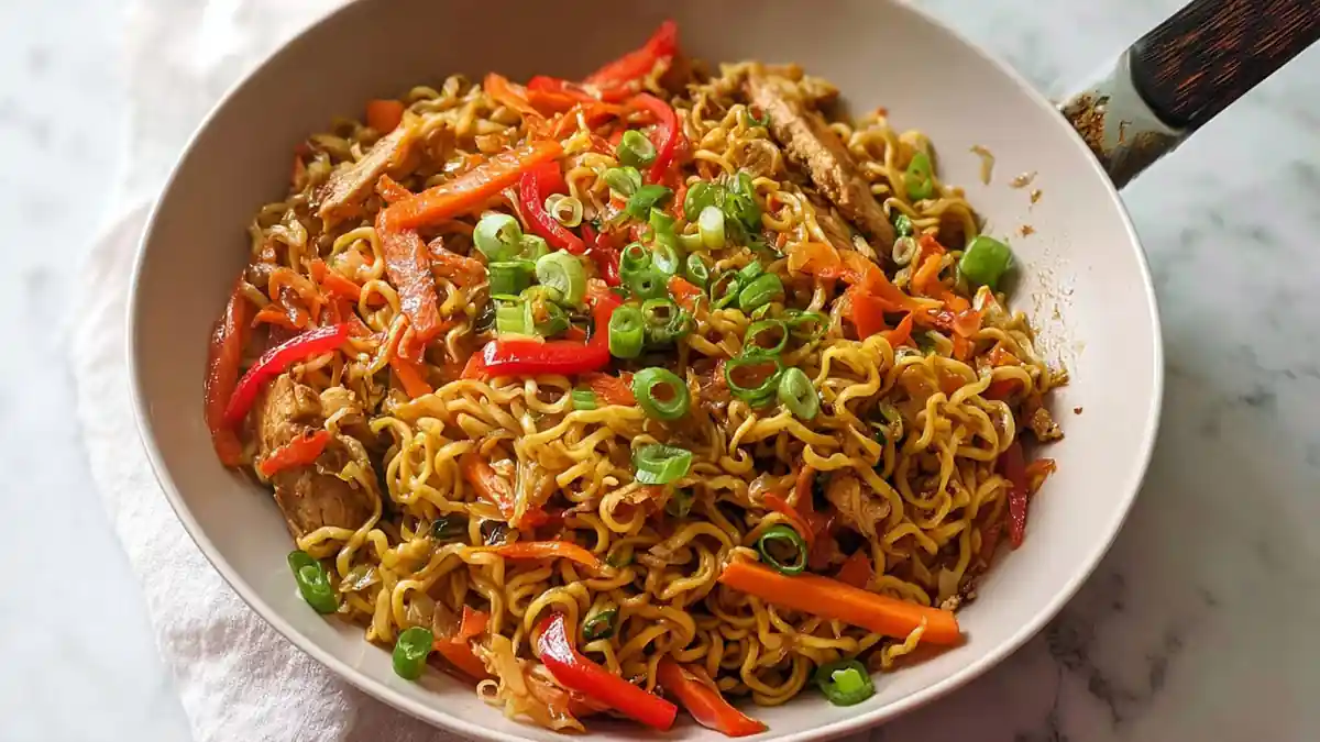 Stir-fried noodles with sliced chicken, bell peppers, carrots, and scallions in a white bowl