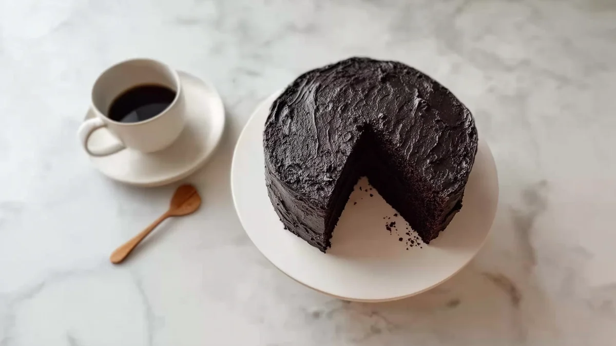 rich chocolate layer cake with dark frosting and a cup of black coffee on marble