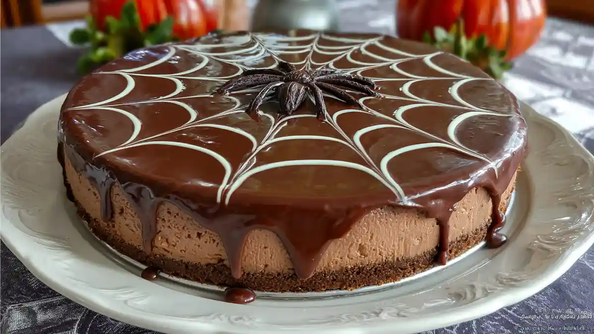 rich chocolate cake with ganache glaze and spiderweb design topped with realistic chocolate spider