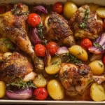 crispy roasted chicken thighs with potatoes, tomatoes, onions in white baking dish