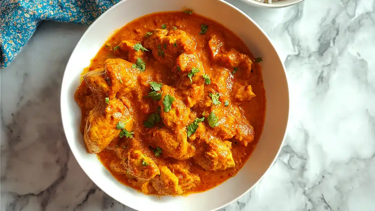 creamy butter chicken curry with cilantro garnish in white bowl on marble